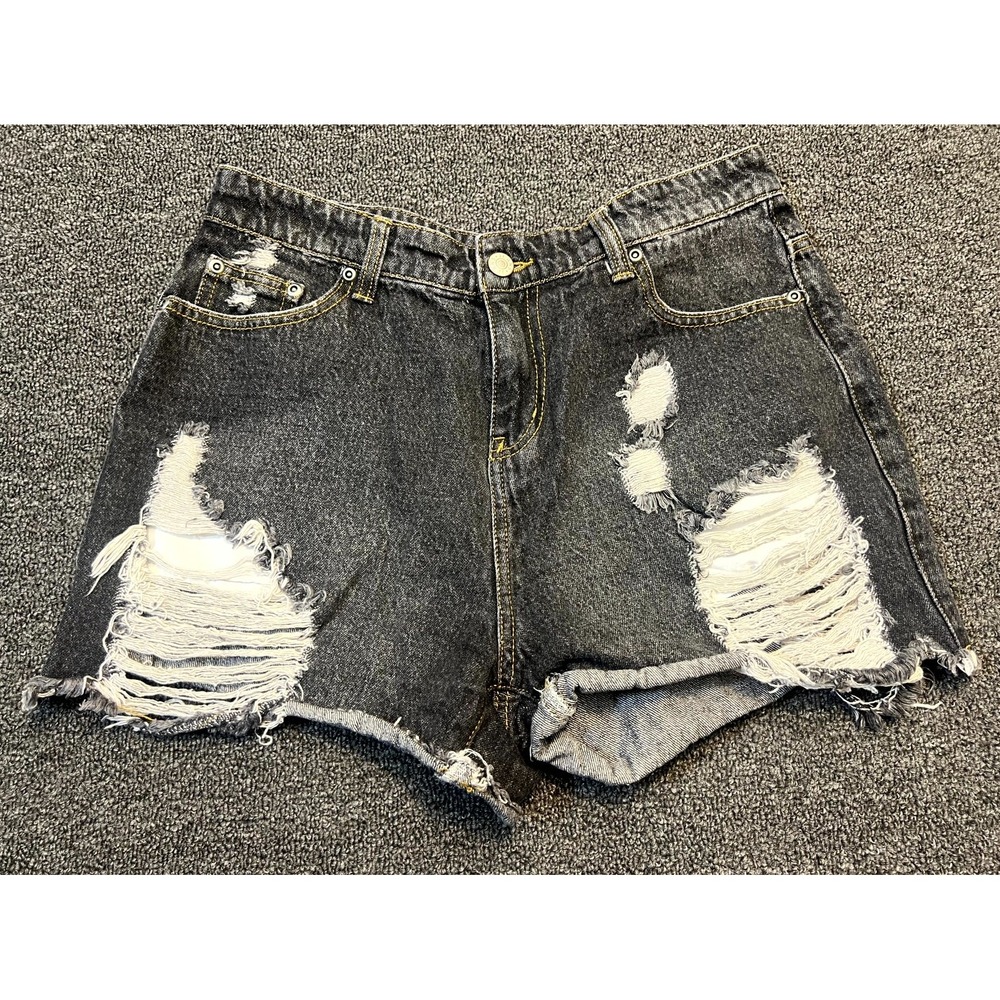 Womens Cut Off Shorts Medium Black Denim Distressed Frayed Hem High Rise Casual